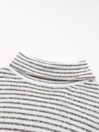 Khaki Striped Turtleneck Knit Sweater for Women