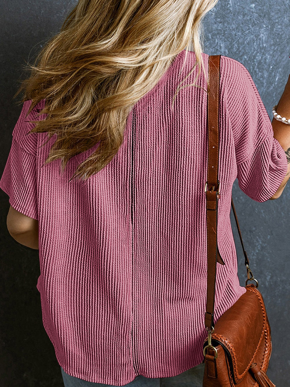 Rose Pink Textured V-Neck Dropped Shoulder Plus T-Shirt