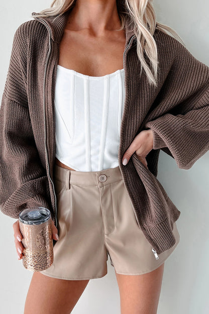Chicory Coffee Drop Shoulder Collared Zip Up Sweater Cardigan