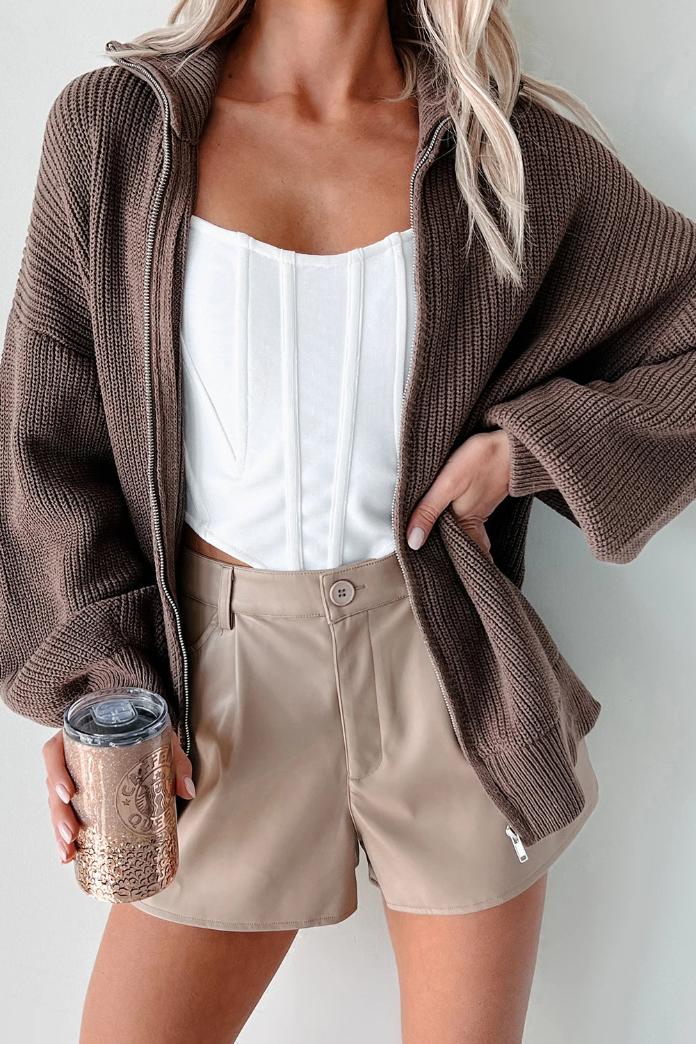 Chicory Coffee Drop Shoulder Collared Zip Up Sweater Cardigan
