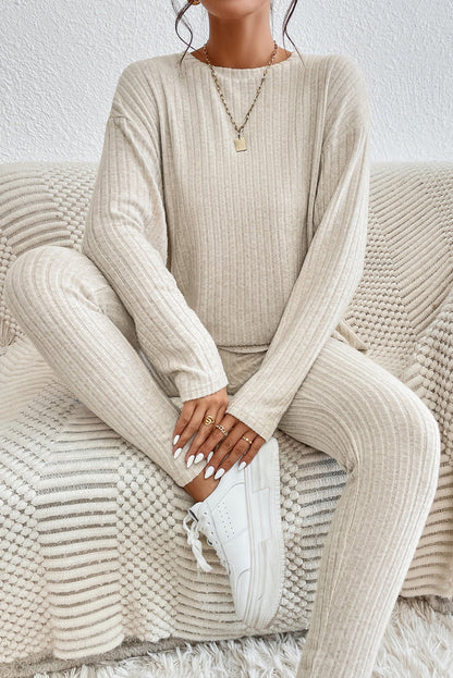 Apricot Ribbed Knit Lounge Set with Long Sleeve Top and Skinny Pants