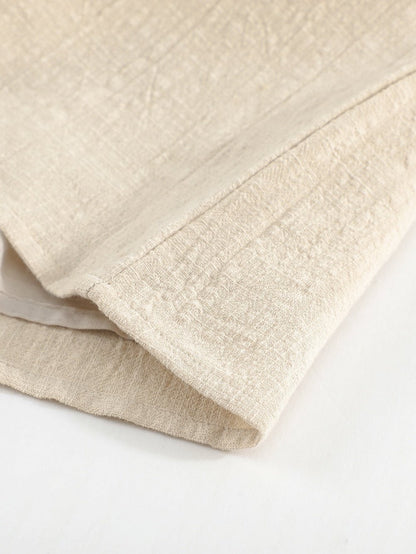 Billowed Puff Sleeve Cotton & Linen Blouse with Crew Neck