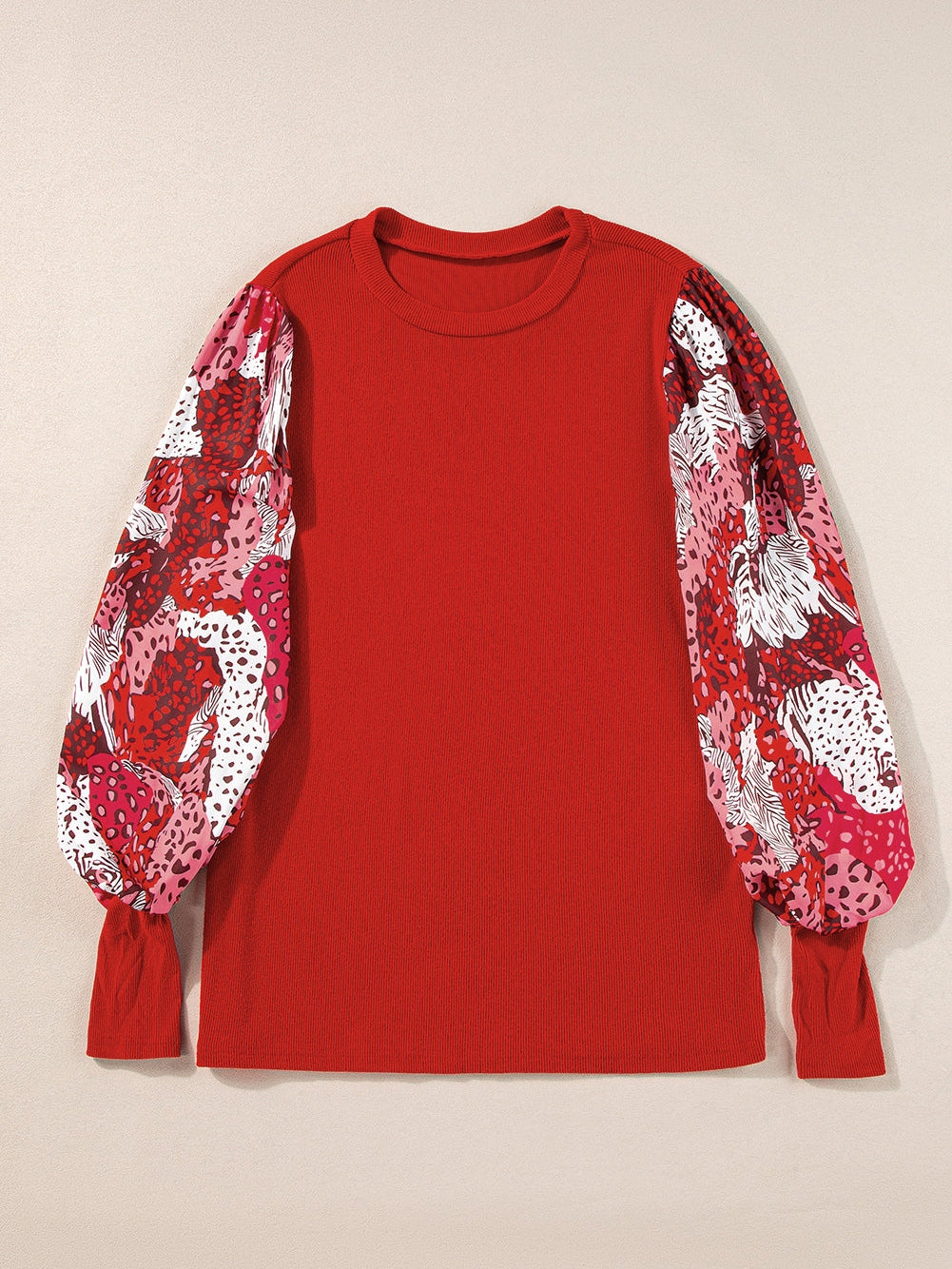Festive Red Animal Print Lantern Sleeve Patchwork Top