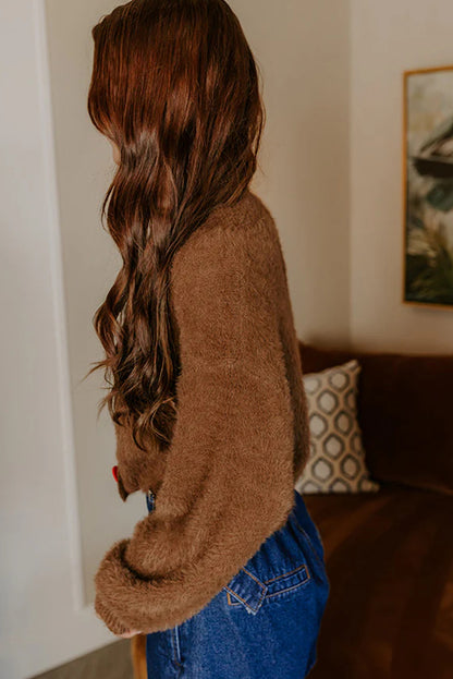 Coffee Contrast Heart Button Plush Knit Sweater Cardigan