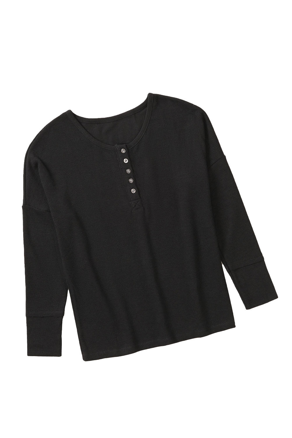 Elegant Black Waffle Knit Henley Top with Button Front