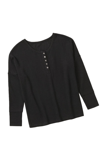 Elegant Black Waffle Knit Henley Top with Button Front