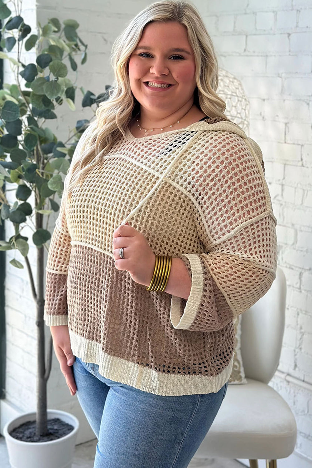 Parchment Colorblock Hollowed Knit Plus Size Hooded Jumper