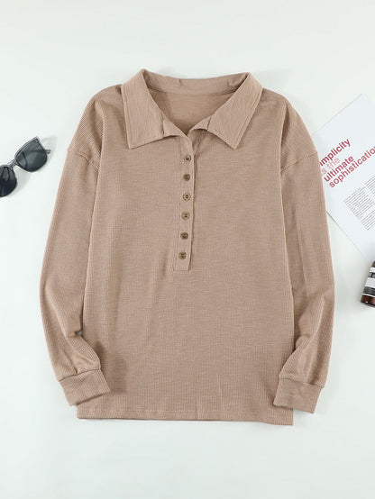 Elegant Khaki Knit Top with Chic Turn-down Neck