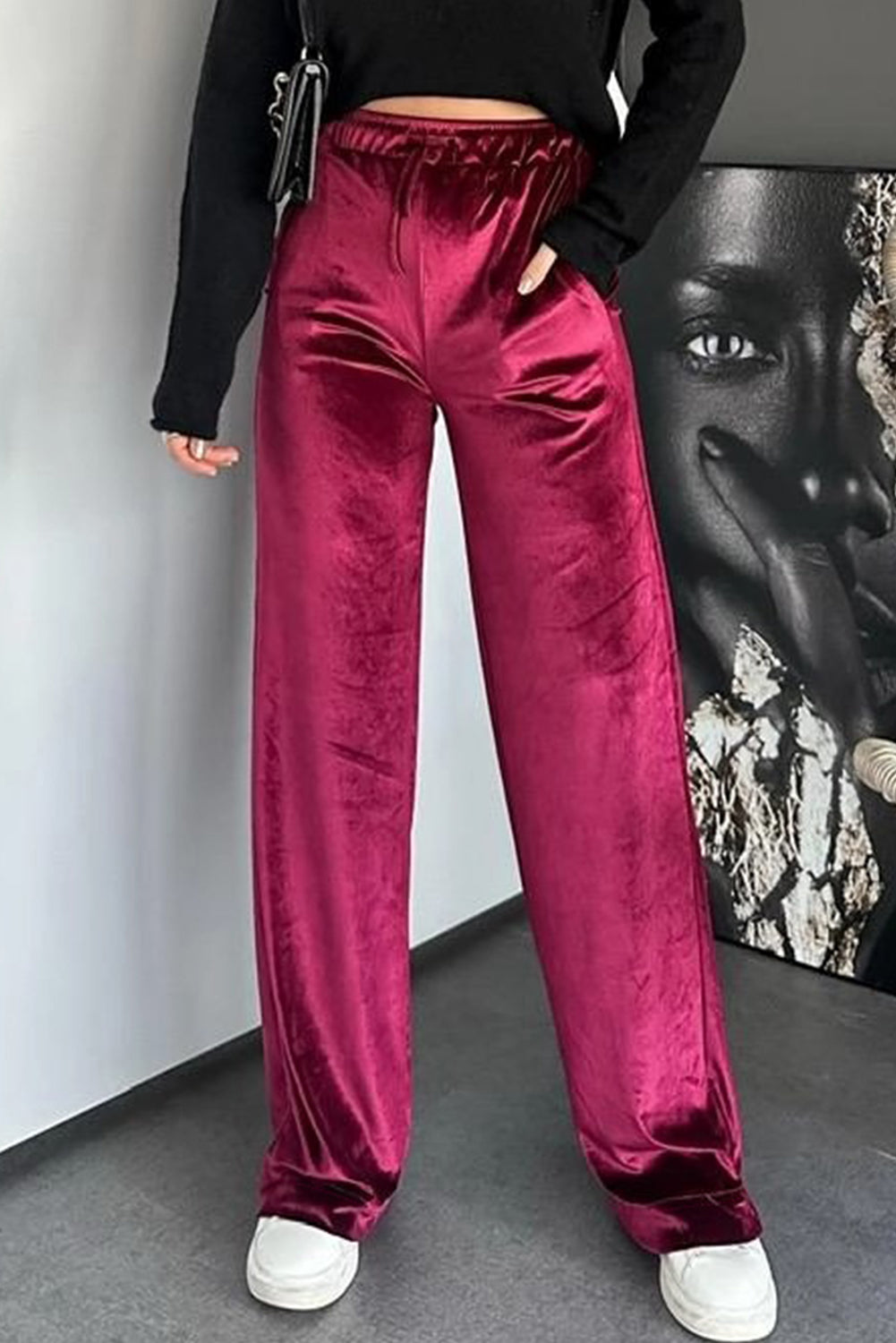 Pitaya Pink Shiny Velvet Drawstring High Waist Straight Leg Casual Pants