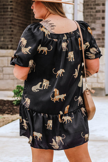 Cheetah Wonderland Plus Size Mini Dress with Puff Sleeve Flair