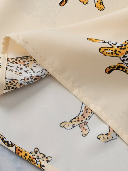 Apricot Leopard Print V-Neck Puff Half Sleeve Blouse