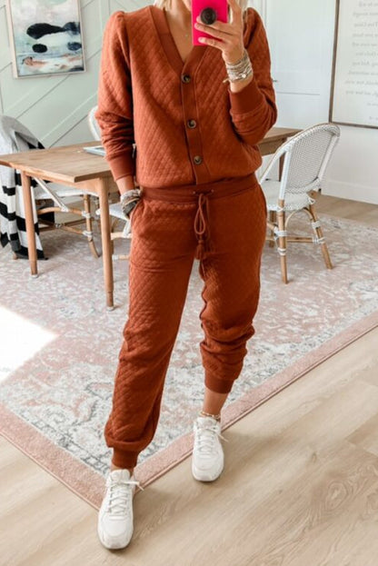 Gold Flame Solid Color Quilted Texture V Neck Button Down Top Drawstring Jogger Pants Set