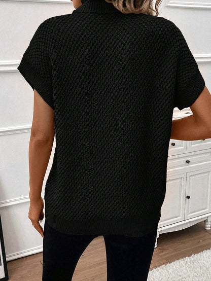 Elegant Black Ribbed Turtleneck Short Sleeve Sweater