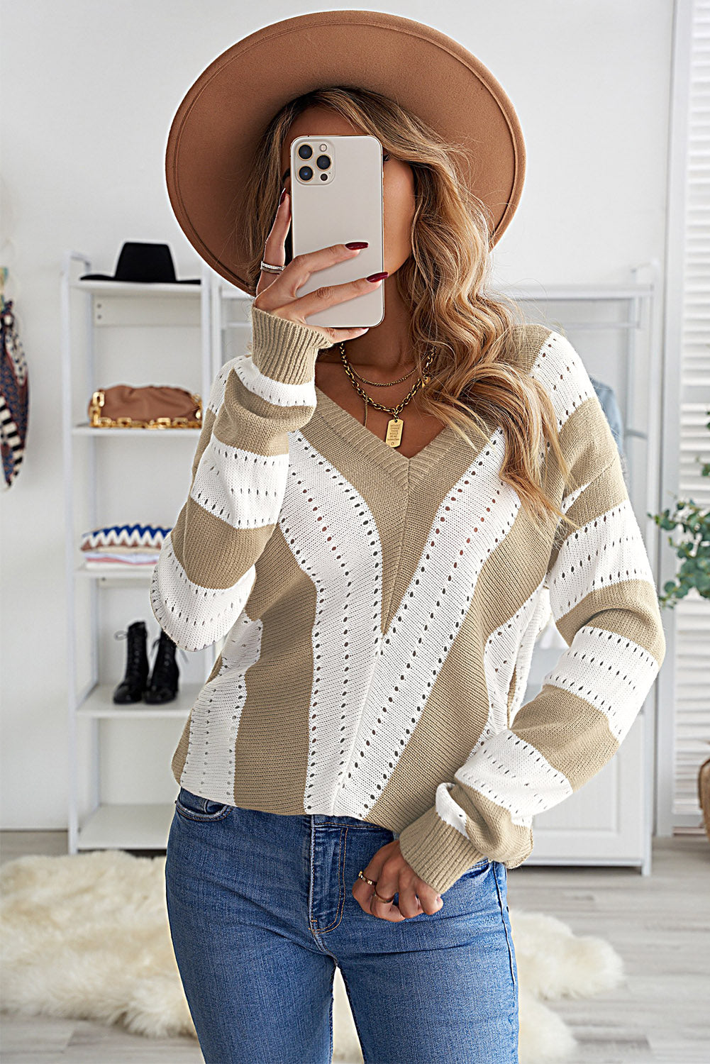 Khaki Colorblock V Neck Striped Knit Sweater