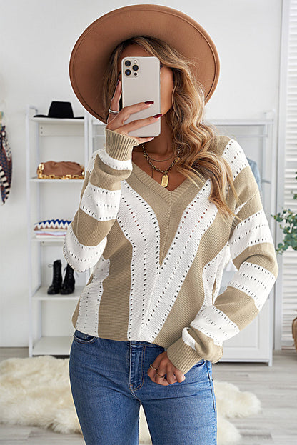 Khaki Colorblock V Neck Striped Knit Sweater
