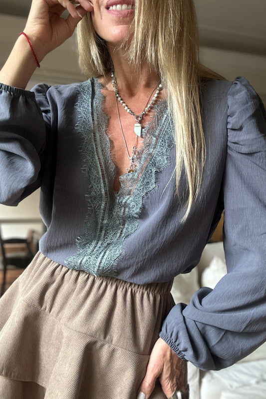 Wild Wind Eyelash Patched V Neckline Puff Sleeve Blouse