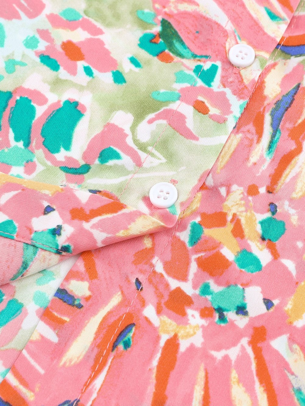 Green Abstract Floral Print Collared Sheath Blouse with Long Sleeves