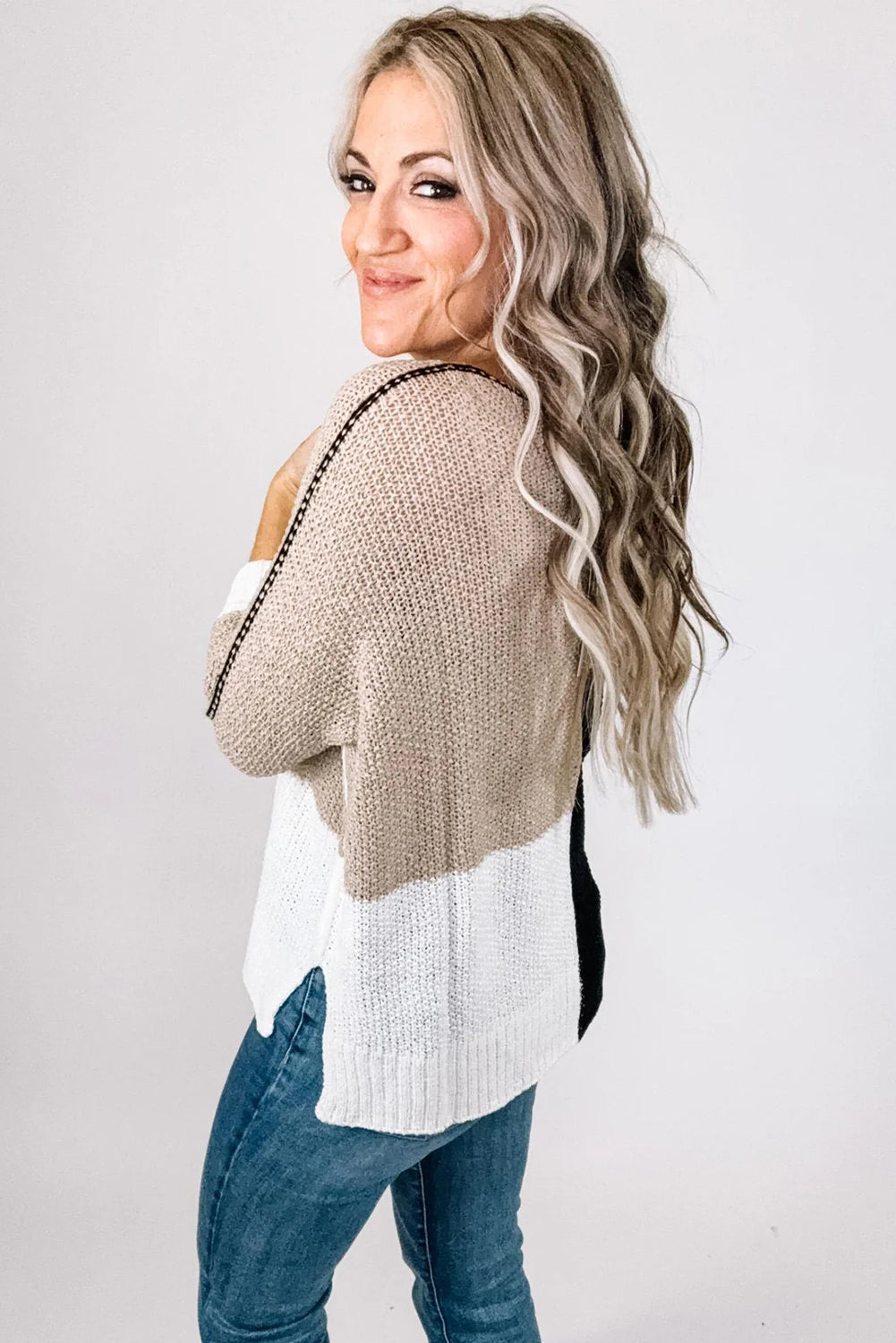 Black Color Block Knit V Neck Loose Sweater