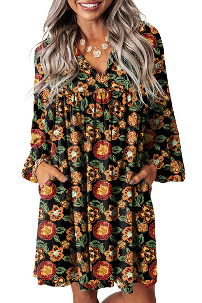 Black Floral Print Split Neck Bubble Sleeve Shift Mini Dress