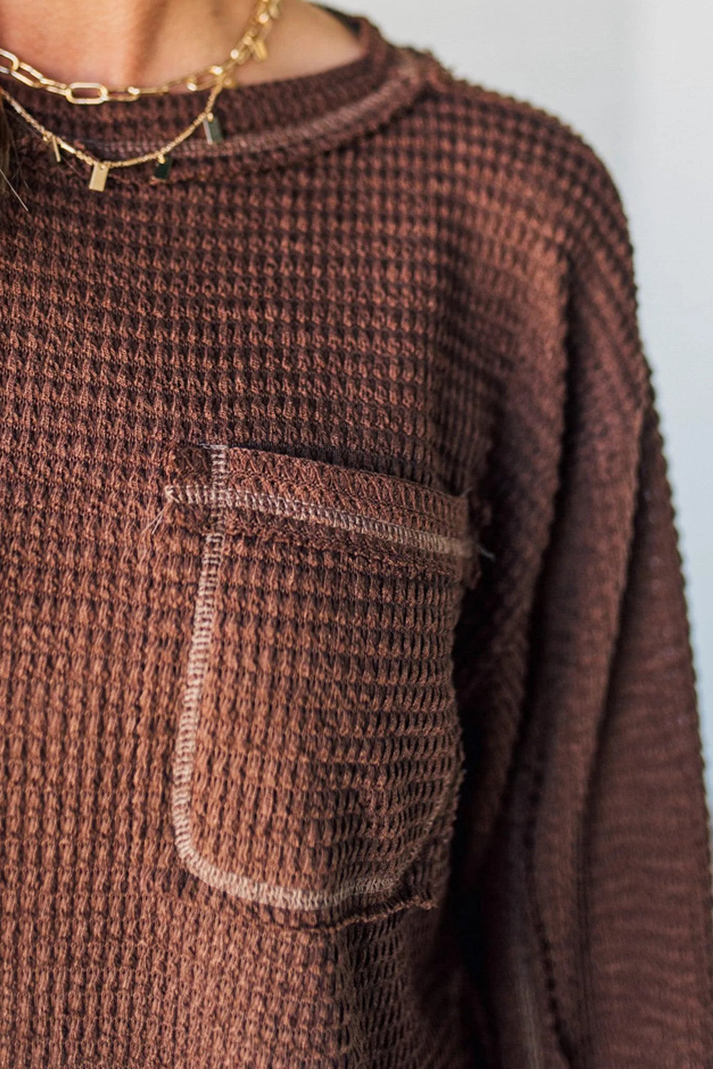 Coffee Thermal Textured Exposed Seam Patchwork Loose Long Sleeve Top