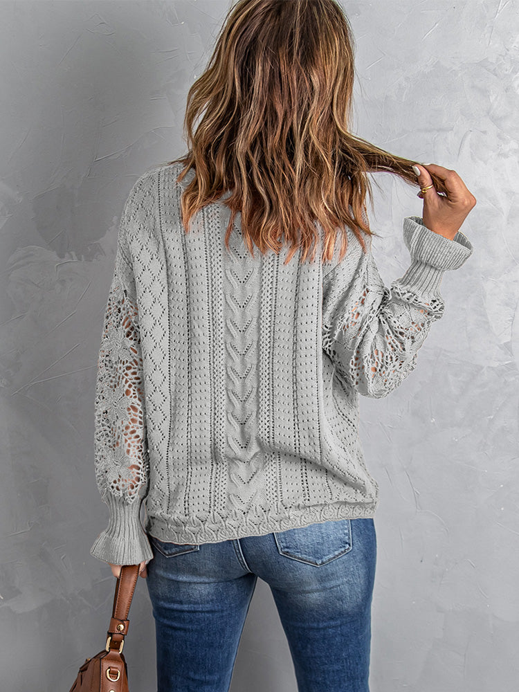Gray Crochet Lace Pointelle Knit Sweater
