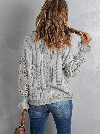 Gray Crochet Lace Pointelle Knit Sweater