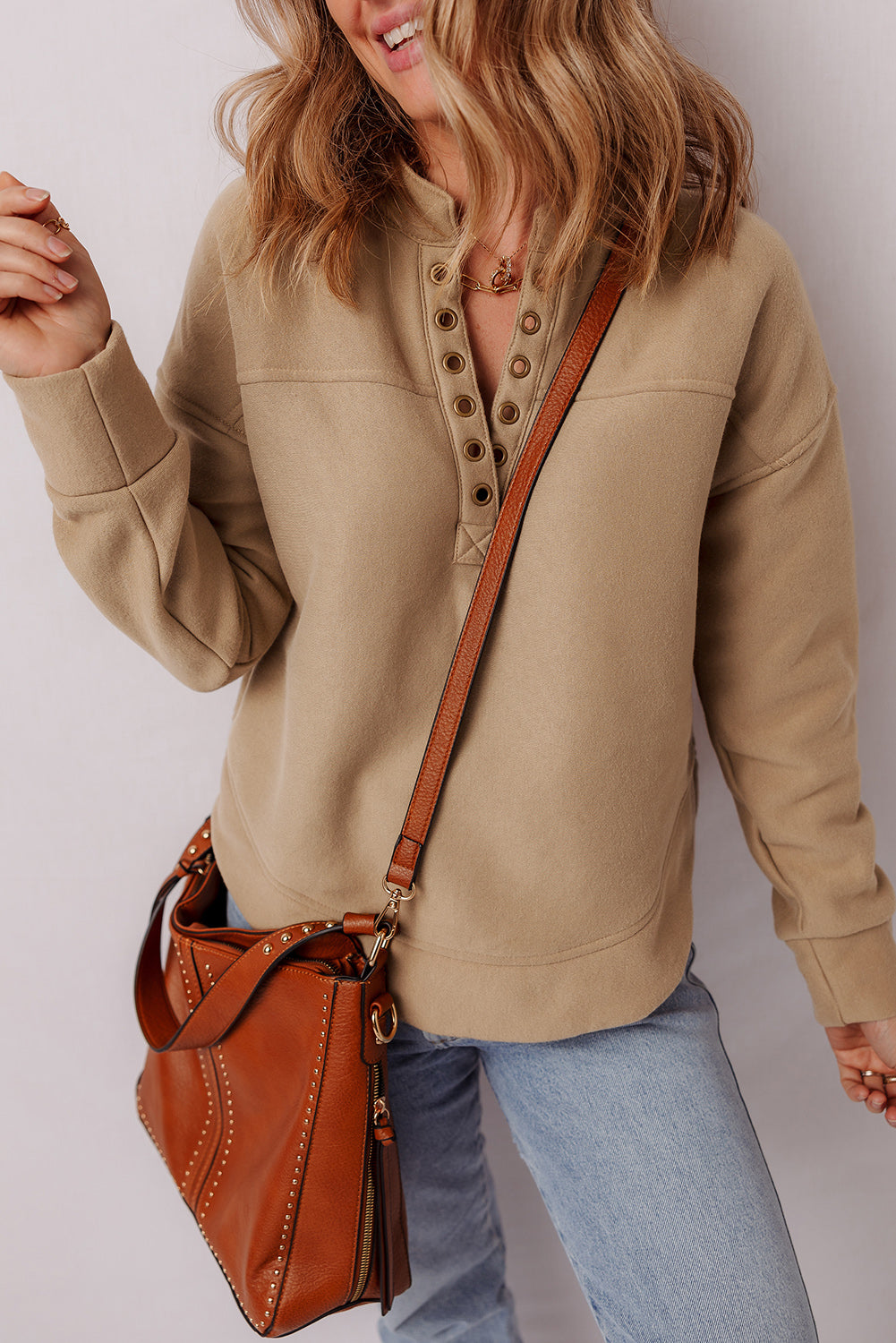 Light French Beige Grommet Detail V Neck Sweatshirt