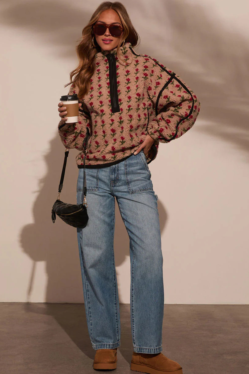 Green Floral Print Sherpa Half Zip Baggy Sweatshirt