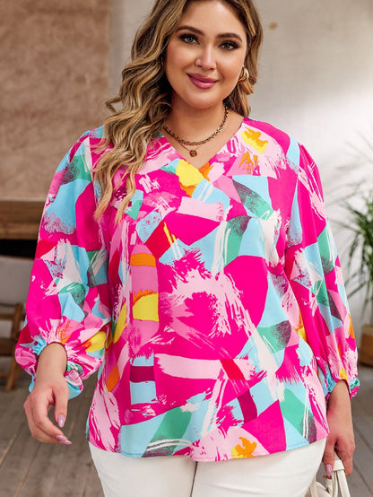Vibrant Pink Graffiti Print Plus Size Blouse with Puff Sleeves