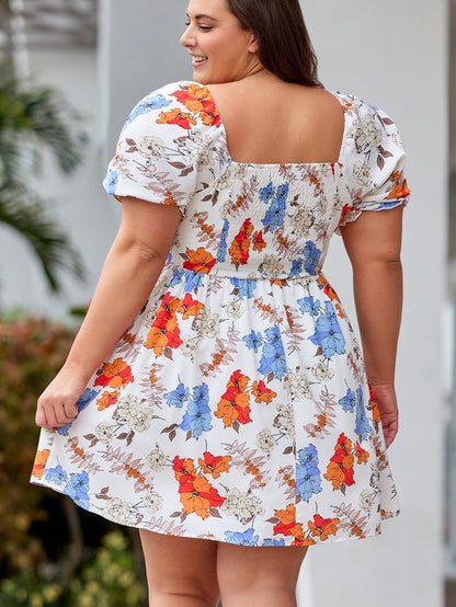 White Floral Smocked Flared Plus Size Dress