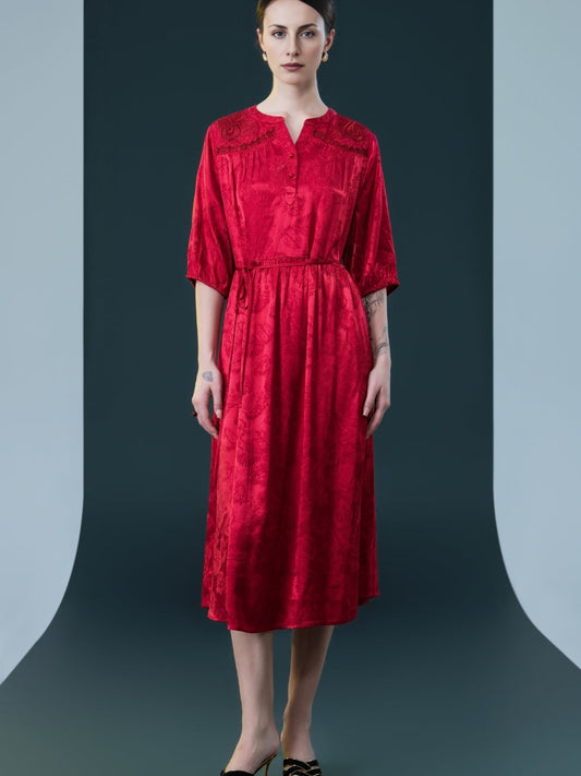 Ruby Red Embroidered Maxi Dress with Cinched Waist