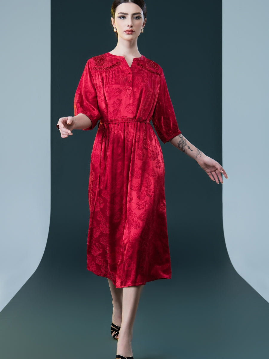 Ruby Red Embroidered Maxi Dress with Cinched Waist