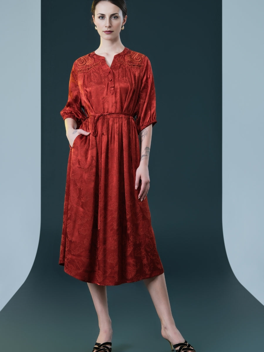 Ruby Red Embroidered Maxi Dress with Cinched Waist