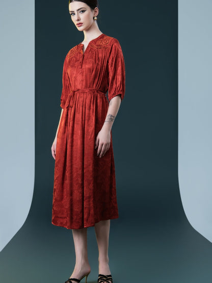 Ruby Red Embroidered Maxi Dress with Cinched Waist