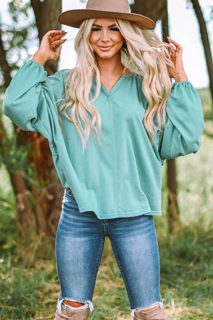 Emerald Green Flowy V Neck Blouse