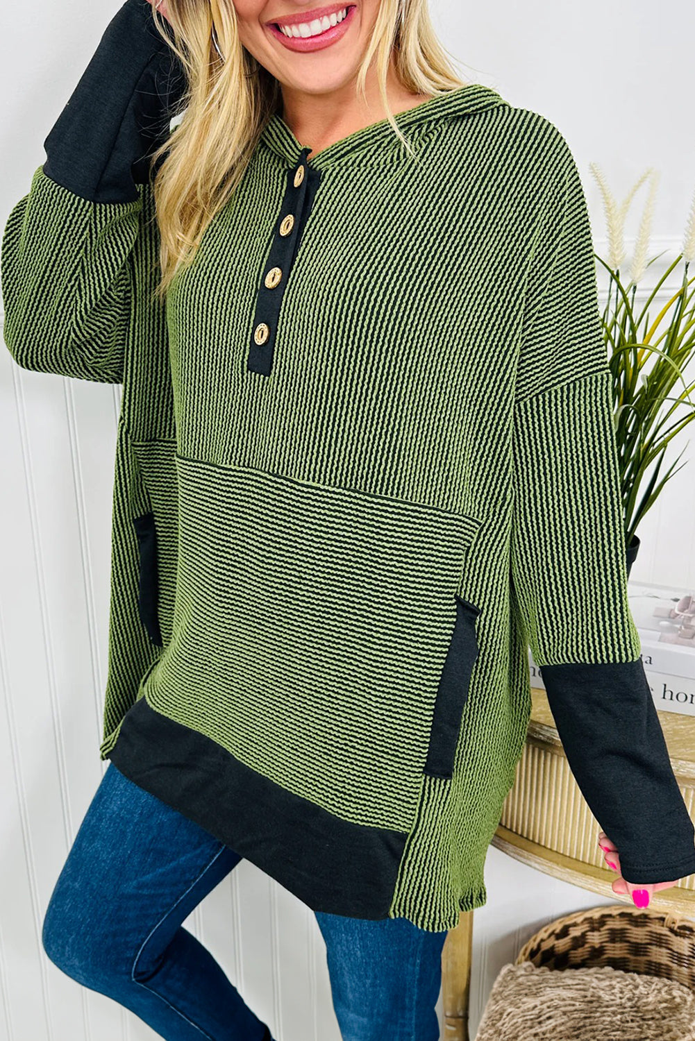 Vineyard Green Twisted Ribbed Color Block Patchwork Hooded Oversize Long Sleeve Top