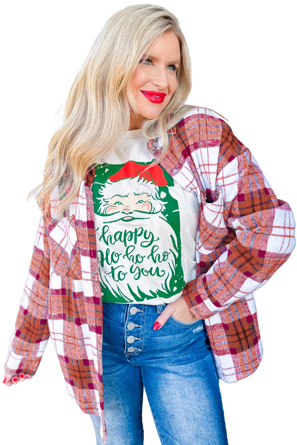 Rose Christmas Plaid Casual Flannel Shacket