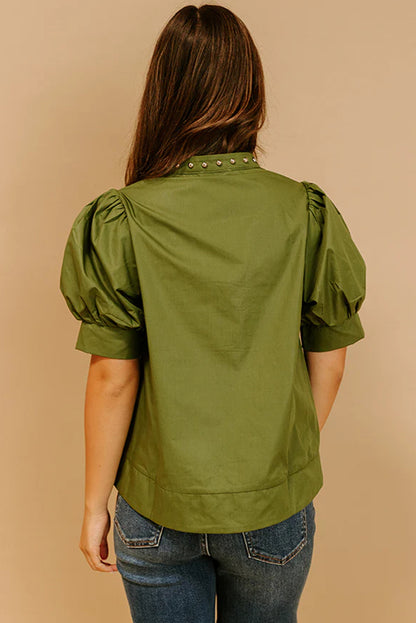 Fern Green Rivet Embellished V Neck Short Puff Sleeve Blouse