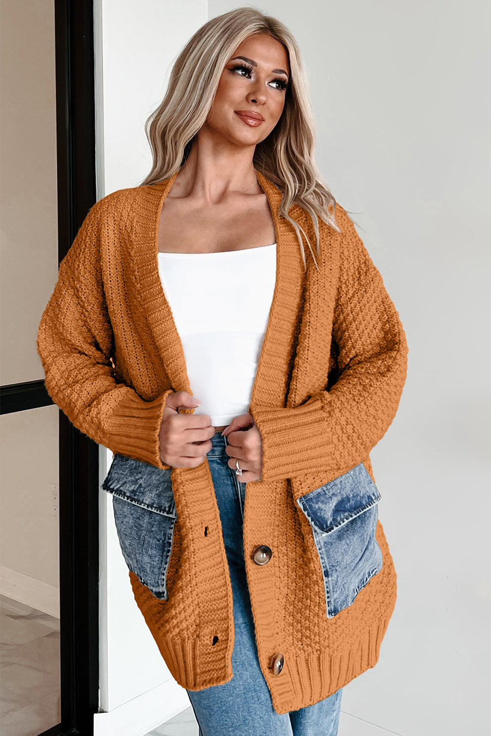 Chestnut Open Front Knitted Denim Pocket Patchwork Cardigan