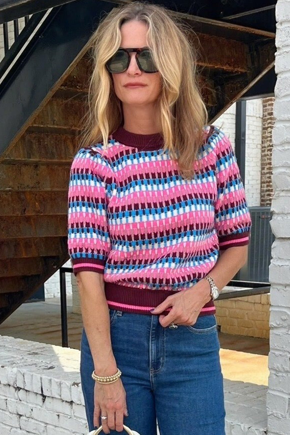 Pink Playful Stripe Knit Short Sleeve Sweater