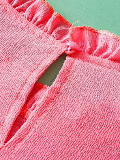 Strawberry Pink Textured 2-Tone Patchwork Frill Neck Ruffled Trim Plus Blouse