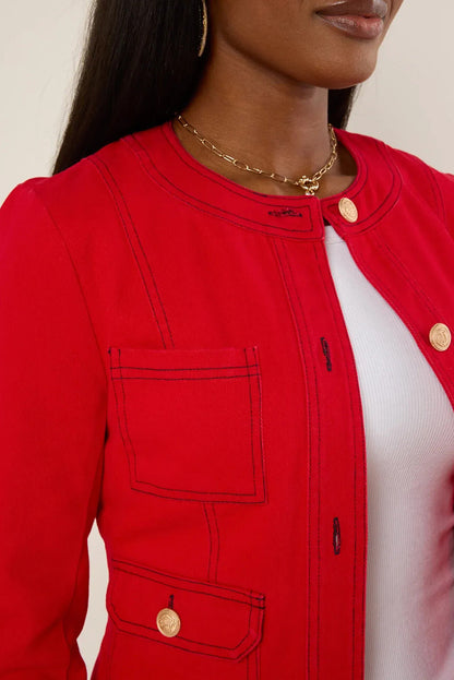 Fiery Red Patched Pocket Golden Buttons Tailored Jacket