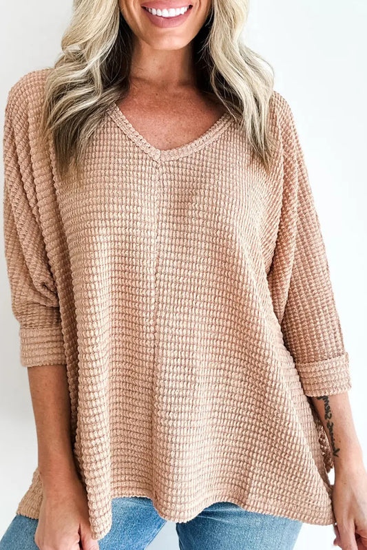 Light French Beige 3/4 Sleeve Textured Knit V Neck Loose Top