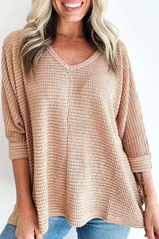 Light French Beige 3/4 Sleeve Textured Knit V Neck Loose Top