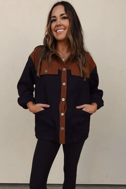 Multicolour Button Flap Detail Color Block Patchwork Corduroy Shacket