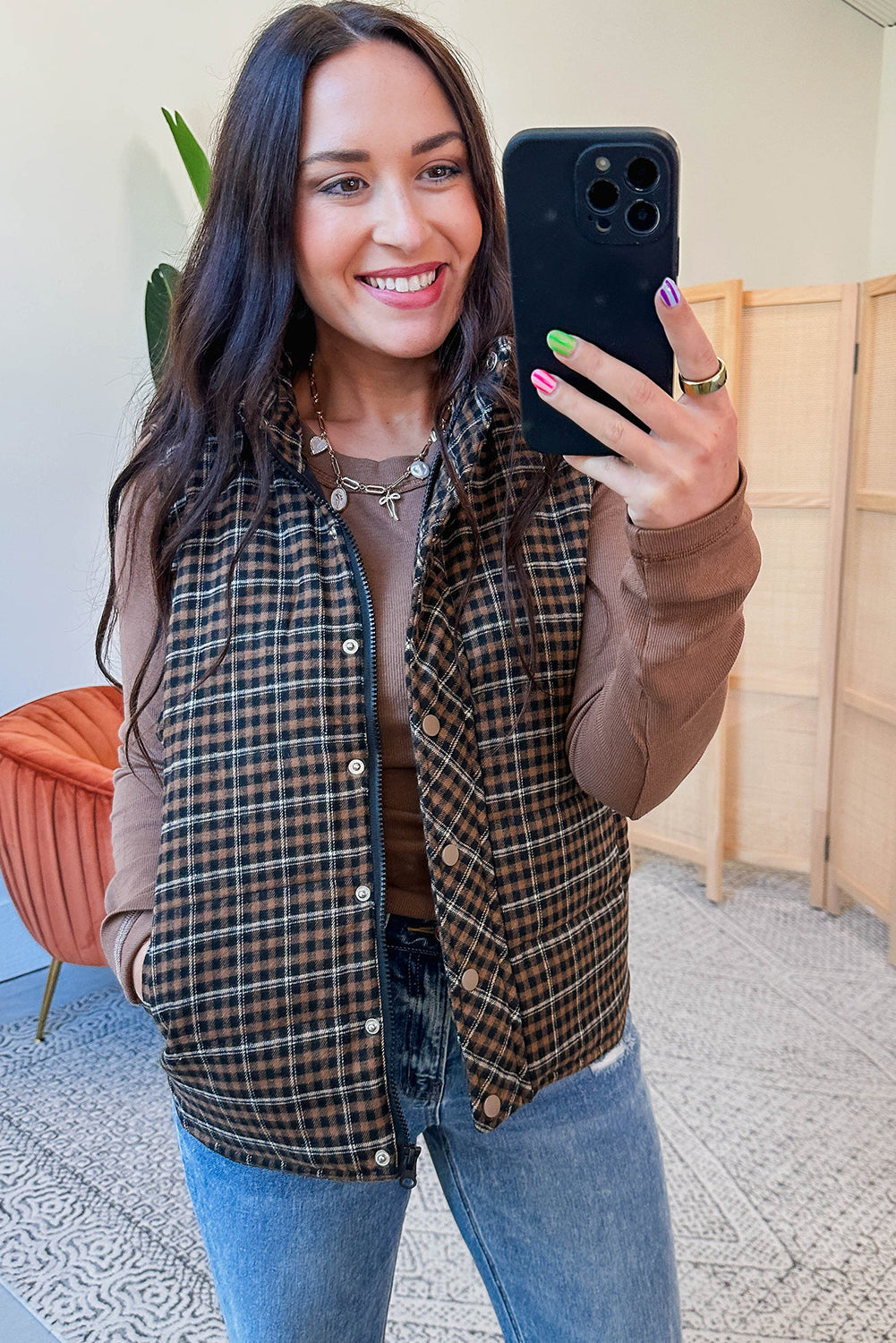 Green Retro Plaid Snap Button Zip Up Winter Vest