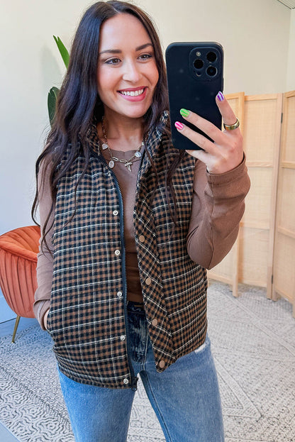 Green Retro Plaid Snap Button Zip Up Winter Vest