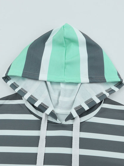 Green Striped Pullover Hooded Sweatshirt
