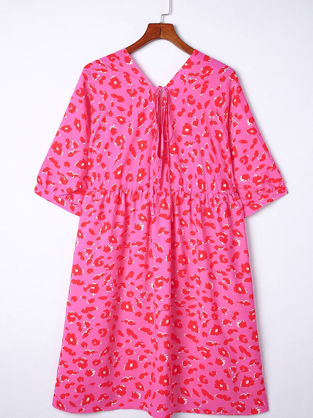 Leopard Print Plus Size Babydoll Dress with V Neck and Bubble Sleeves