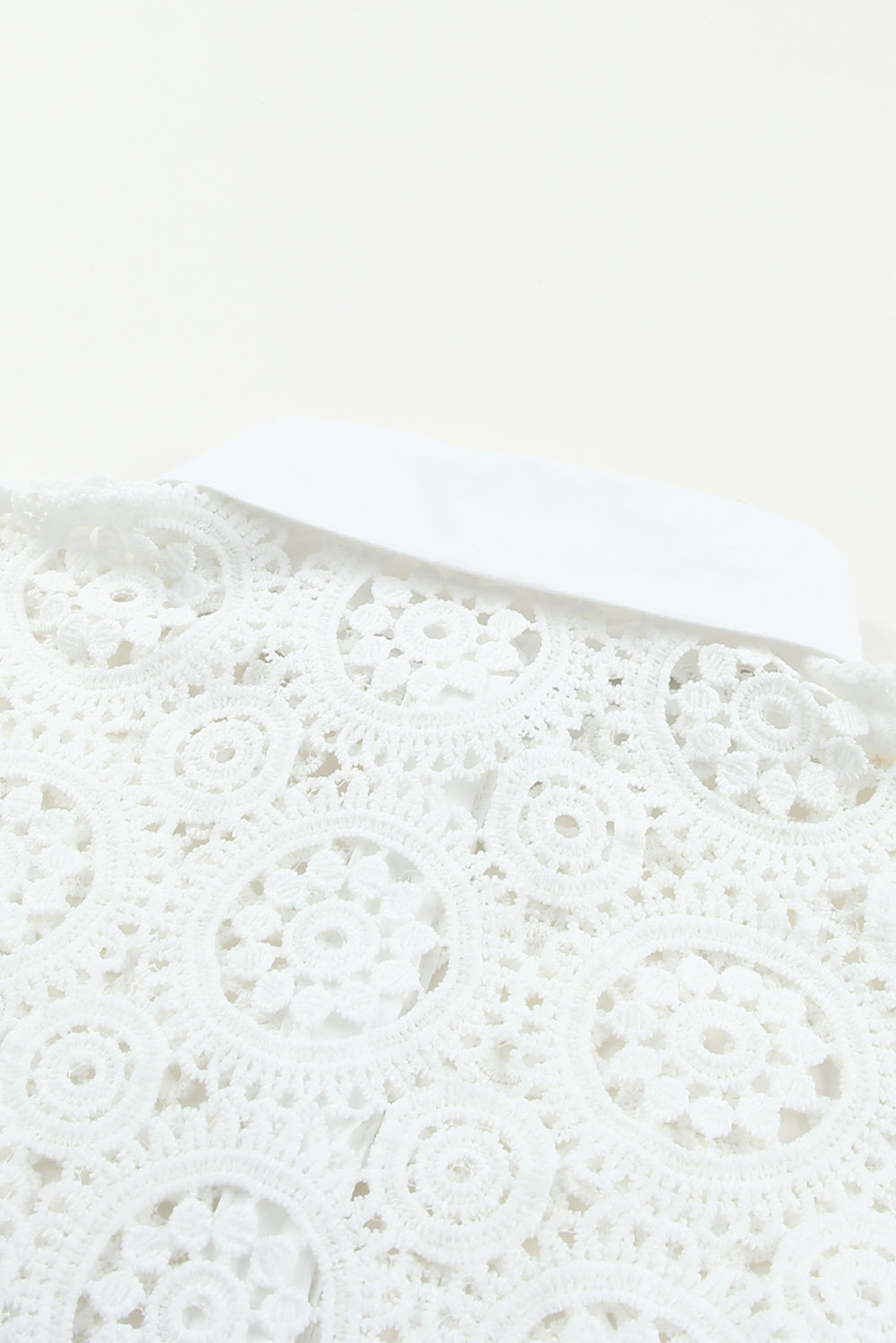 Elegant White Crochet Lace Button-Up Shirt with Turn-down Collar